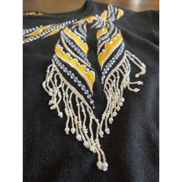 Bob Mackie Wearable Art Beaded Embroidered Scarf On Black Tunic Sweater Sz 2X - Picture 3 of 9